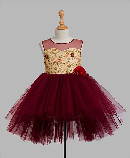 Toy Balloon Sleeveless Floral Embroidered High - Low Party Dress - Maroon