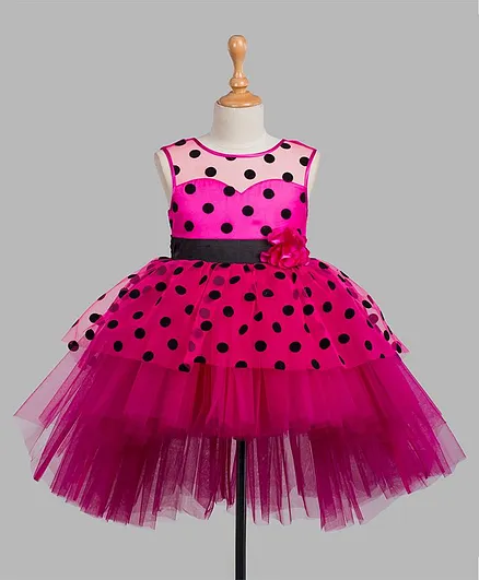 Toy Balloon Sleeveless Polka Dots Design High-Low Party Dress - Fuchsia Pink