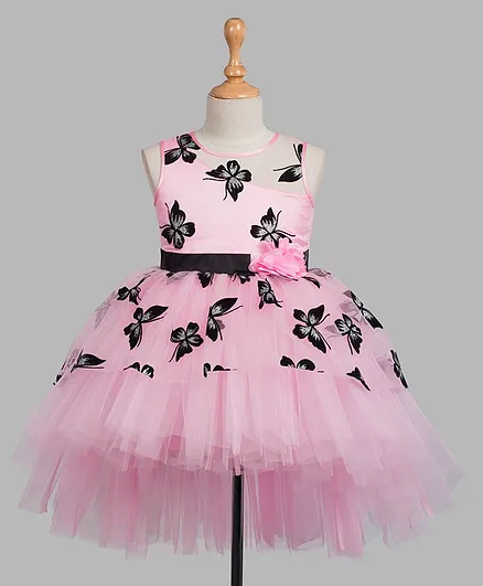 Toy Balloon Sleeveless Butterflies Design High-Low Party Dress - Baby Pink