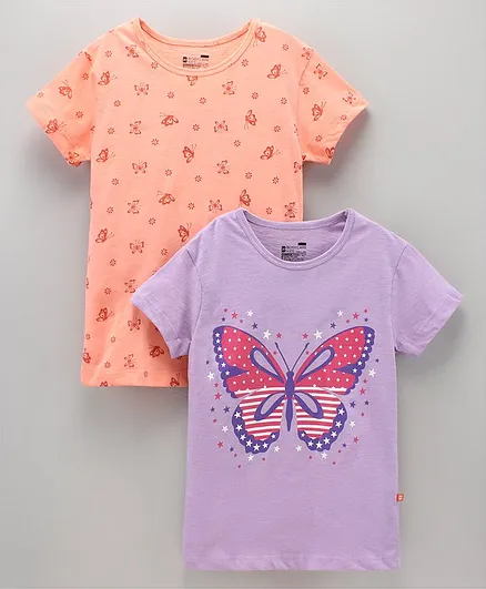 Proteens - Bodycare Half Sleeves Tops Butterfly Print Pack Of 2 - Peach Purple