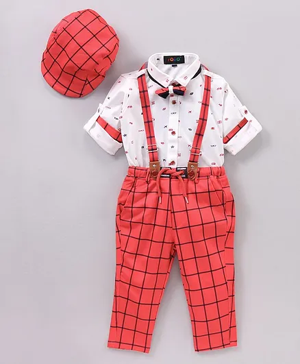Robo Fry Full Sleeves Party Shirt & Checks Bottom With Suspenders & Cap - Red White