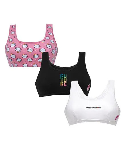 D'chica Pack Of 3 Cat Future & Made With Love Print Training Bras - Pink Black & White