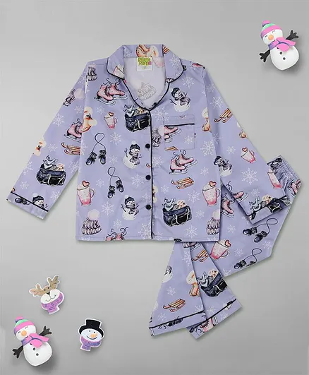 Pyjama Party Full Sleeves Cozy Winter Printed Kids Cotton Pyjama Set - Lilac