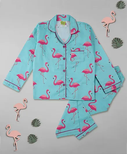 Pyjama Party Full Sleeves  Flamingo Printed Kids Cotton Pyjama Set - Turquoise Blue