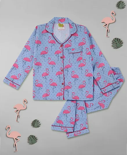 Pyjama Party Full Sleeves Flamingo & Dots Print Kids Cotton Rayon Pyjama Set - Purple