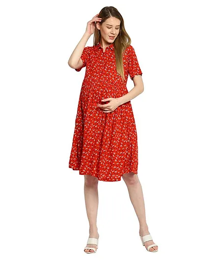 Momsoon Half Sleeves Floral Print Maternity Tunic Dress - Red