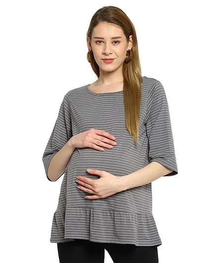 Momsoon Three Fourth Sleeves Striped Maternity Top - Grey