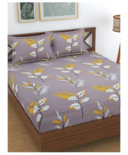 Florida 130 GSM Polycotton Double Bedsheet With 2 Pillow Covers Leaf Print - Grey Yellow White