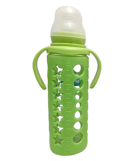 DOMENICO Ultrasoft Nipple Glass Feeding Bottle with Handle Green - 240 ml