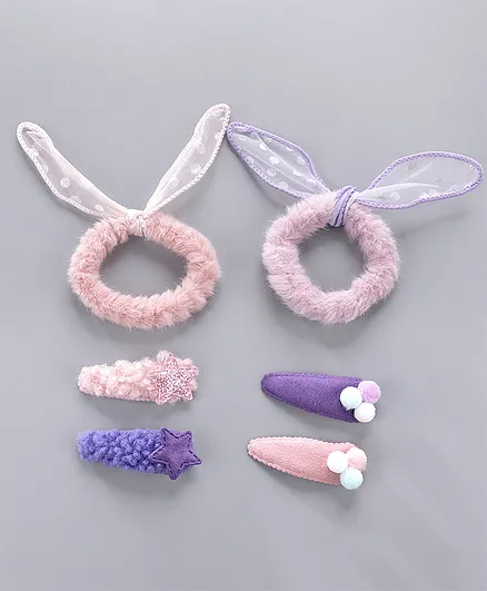 Babyhug Hair Rubber Bands And Snap Clips Pack of 6 - Peach & Purple 