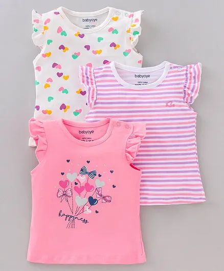 Babyoye Frill Sleeves Top Printed Pack of 3- Pink