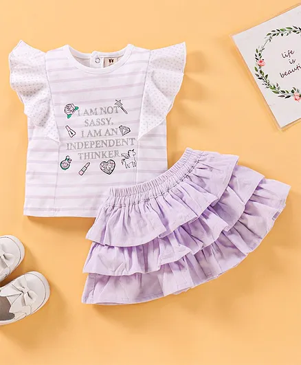 ToffyHouse Half Sleeves Top & Skirt Set Text Print - Purple 