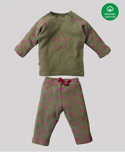 Nino Bambino 100% Organic Cotton Full Sleeves Star Print T Shirt And Pyjama - Green