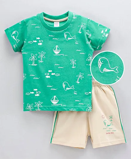 Pink Rabbit Half Sleeves T-Shirt & Shorts Set Printed - Green