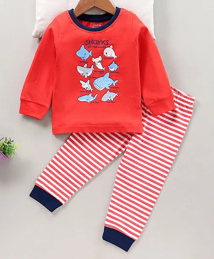 Babyhug Full Sleeves Pajama Set Shark Print- Red