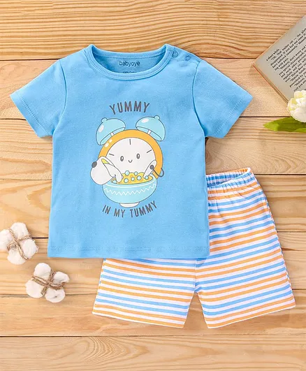Babyoye 100 % Cotton Half Sleeves Tee & Striped Shorts Set Placement Print- Blue