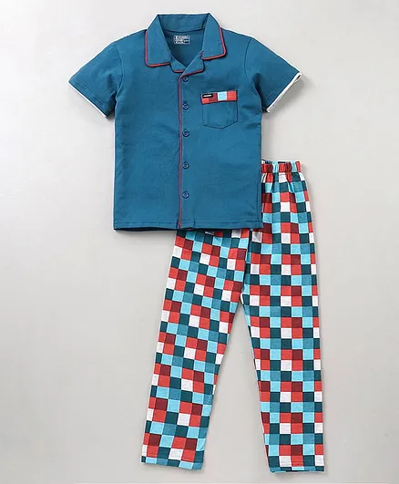 Niomoda Half Sleeves Pyjama Set Checks Print - Blue
