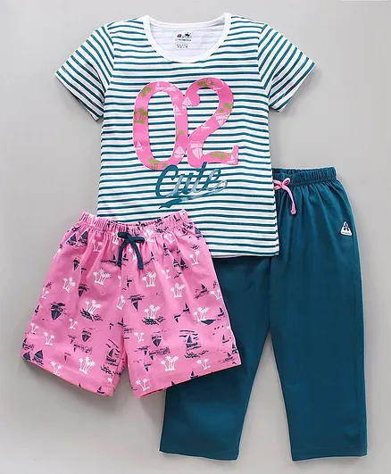 NIOMODA Half Sleeves T Shirt with Pyjama and Shorts Set of 3 - Pink Blue