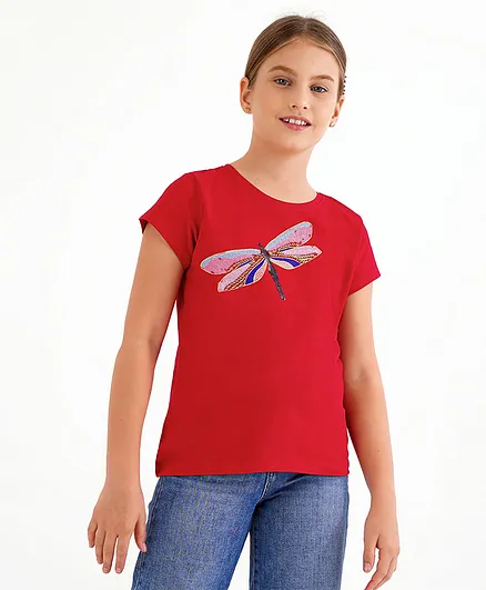 Primo Gino Cap Sleeves Tee With Butterfly Embroidered Sequins Finish- Red