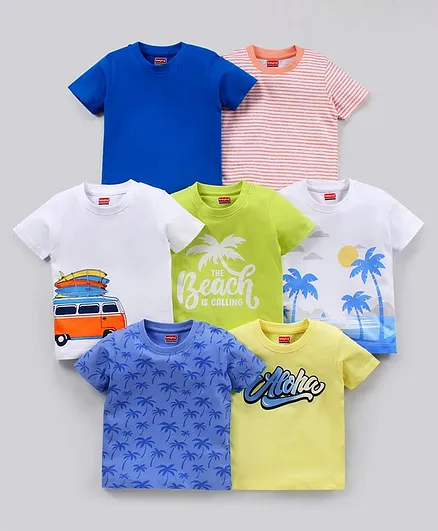 Babyhug Half Sleeves Cotton Beach Printed and Striped T-shirts Pack of 7 - Multicolour