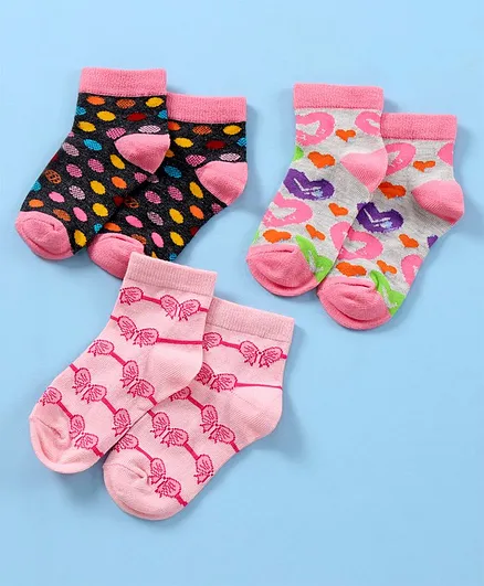 Supersox Cotton Ankle Length Socks Bow & Heart Design Pack of 3 - Multicolor