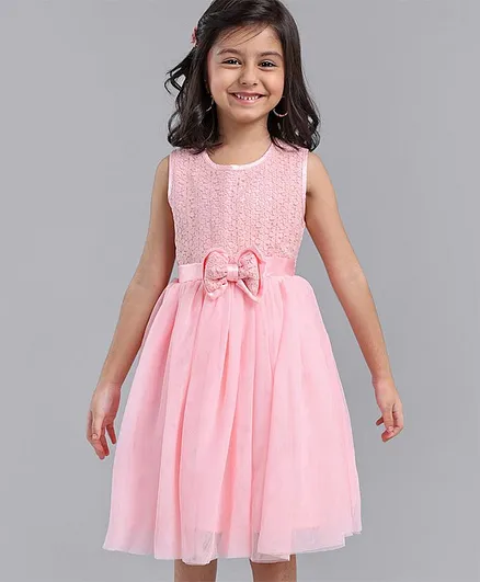 Babyhug Sleeveless Knee Length Party Dress With Bow Applique - Pink