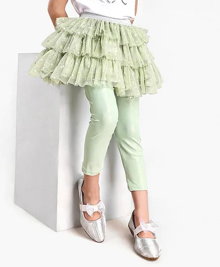Babyhug Knee Length Flared Skirt With Leggings Glitter Print - Green