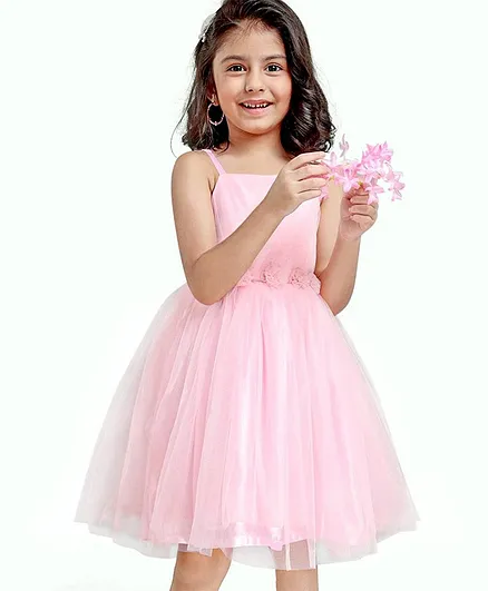 Babyhug Sleeveless Party Wear Frock With Net Detailing & Floral Applique- Pink