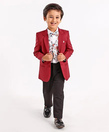 Babyhug Full Sleeves Party Wear Suit with Waistcoat & Bow - Red