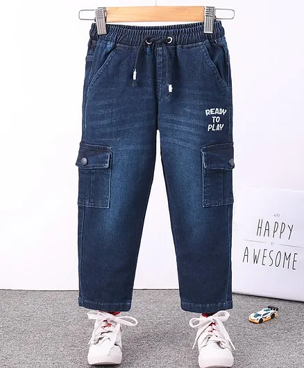 Babyhug Full Length Denim Washed Jeans Text Embroidery - Blue