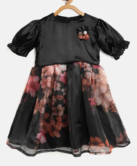 Bella Moda Half Balloon Sleeves Floral Print Dress - Black