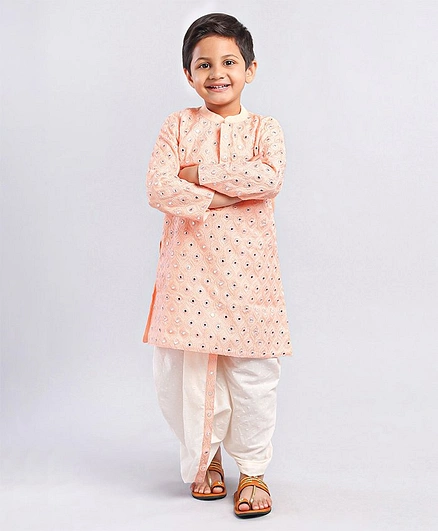 Babyhug Full Sleeves Embroidered Cotton Dhoti Pyjama Set- Peach