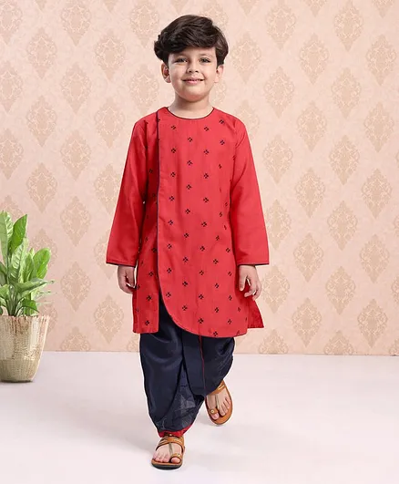 Babyhug Cotton Full Sleeves Kurta & Dhoti Set Ethnic Print - Red Blue