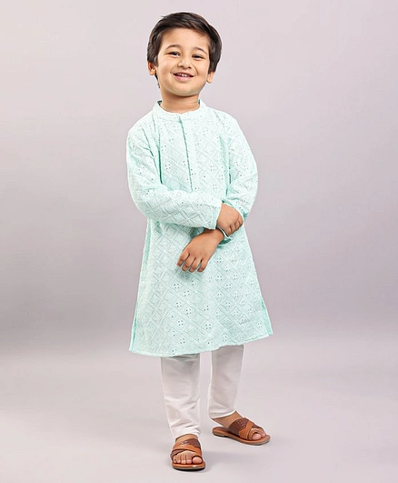 Babyhug Full Sleeves Cotton Solid Kurta Pyjama Set - Sea Green