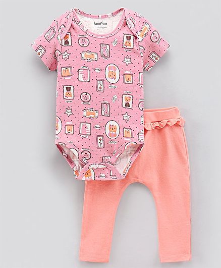 Bonfino Half Sleeves Cotton Onesies With Leggings Kitty Print - Pink