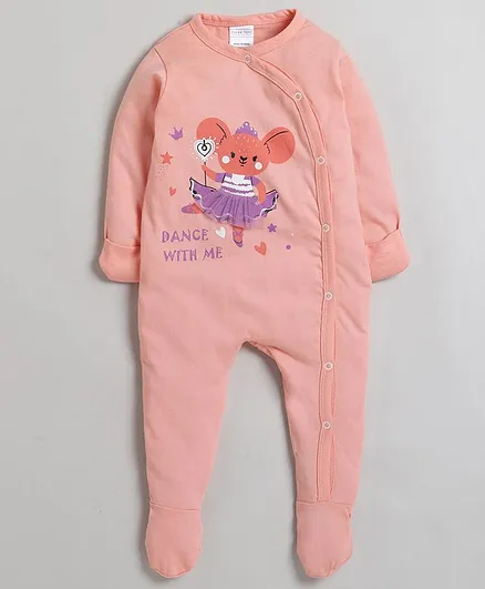 Polka Tots 100% Cotton Full Sleeves Little Jerry Print Footsie Romper With Mittens - Peach