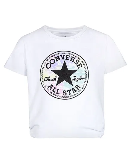 Converse Logo Print Half Sleeves Side Twist Knit Top - White