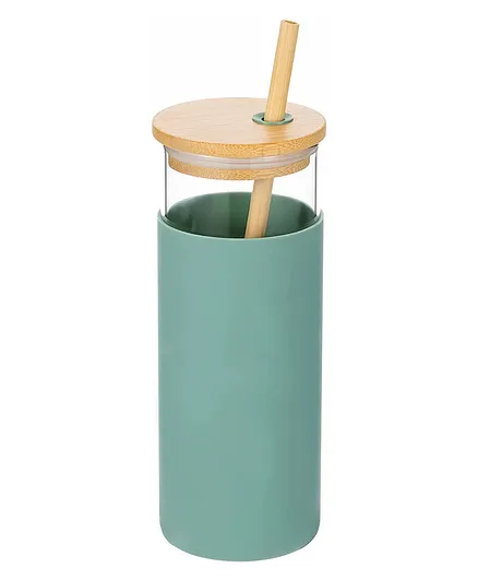 KolorFish Glass Tumbler With Straw & Removable Silicone Bamboo Lid Green - 500 ml