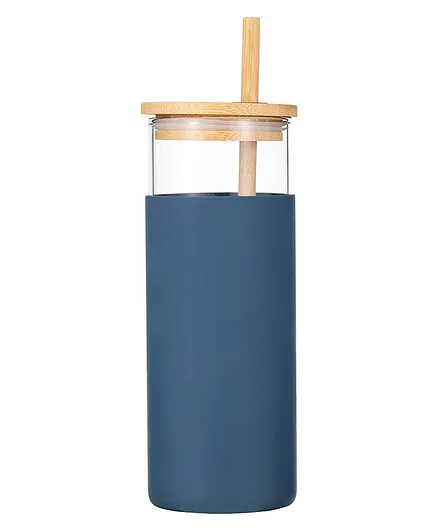 KolorFish Glass Tumbler With Straw & Removable Silicone Bamboo Lid Blue - 500 ml