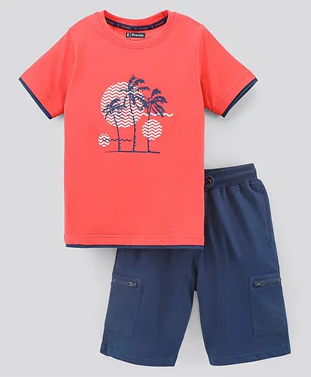 Pine Kids Half Sleeves Biowashed T-Shirt & Shorts Set Coconut Tree Print - Red Blue