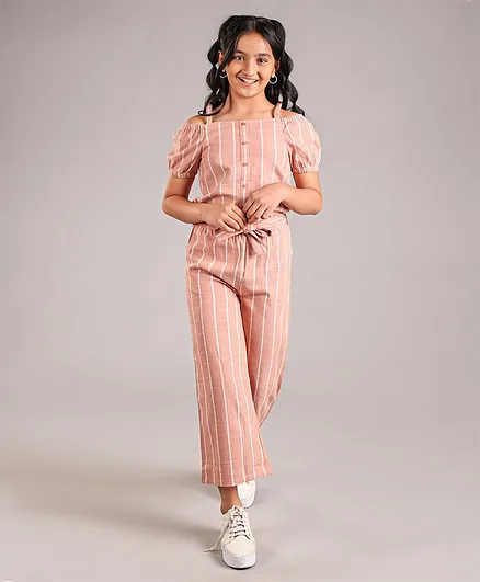 Pine Kids Off Shoulder Sleeves Striped Cotton Top And Culottes Set - Multicolor