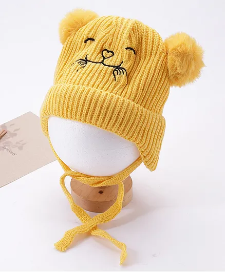 Babyhug Woollen Animal Design Cap With Knot Yellow - Diameter 10 cm