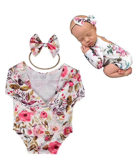 Babymoon Floral Print Romper with Hairband Photoshoot Props Costume - White