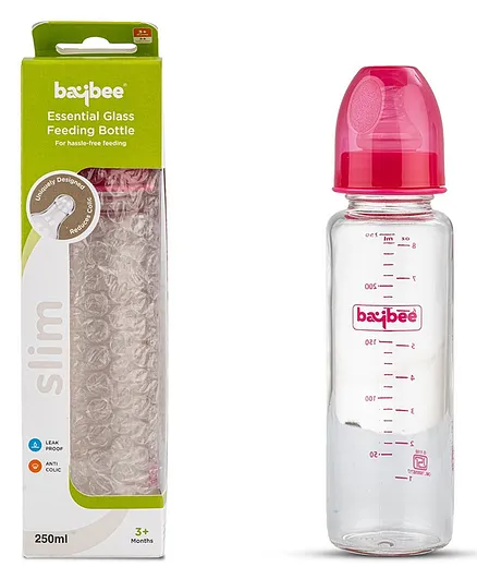 Baybee Slim Essential Glass Baby Feeding Bottle Pink - 250 ml