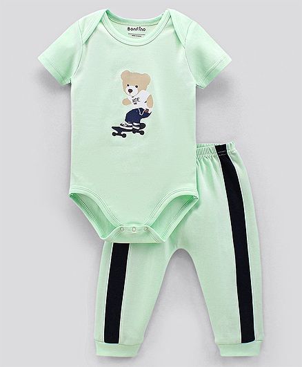 Bonfino Half Sleeves Onesie with Leggings Teddy Print - Light Green