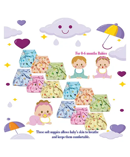 Chirsh Baby Nappies Cotton Cloth Diaper Pack Of 12 - Multicolor
