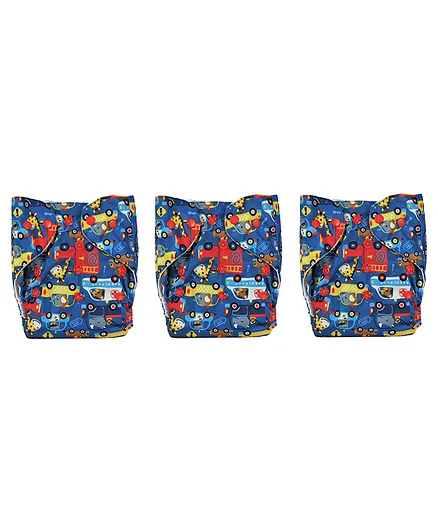 Adore Baby Unisize Adjustable Cloth Diaper with 5-Layer Charcoal Insert Vehicle Theme Pack of 3 - Navy Blue