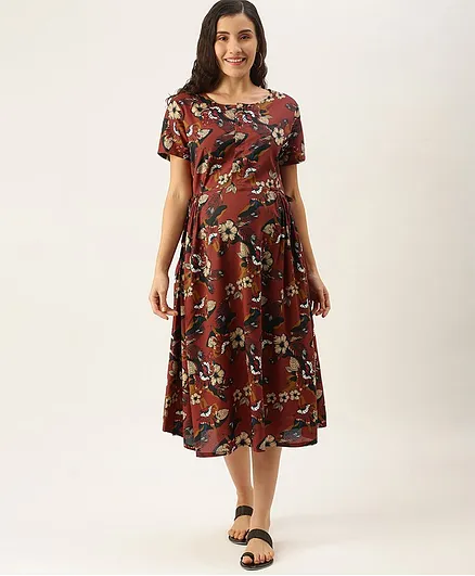 Nejo Half Sleeves Floral Printed Maternity Dress - Brown