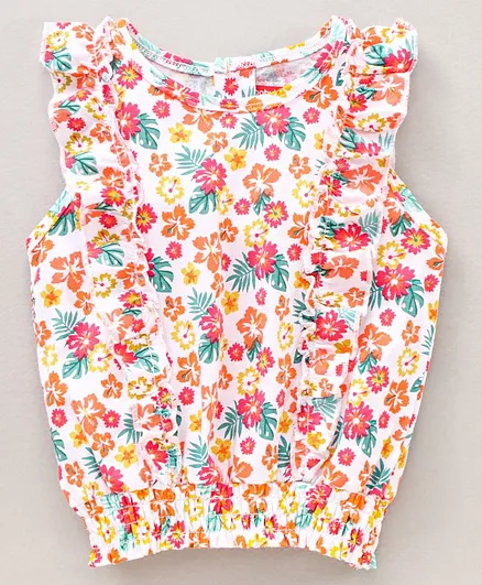 Babyhug Sleeveless Top Floral Print with Frill and Smock Detailing - White