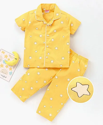 Babyhug Half Sleeves T-Shirt & Pyjama Set Star Print - Yellow